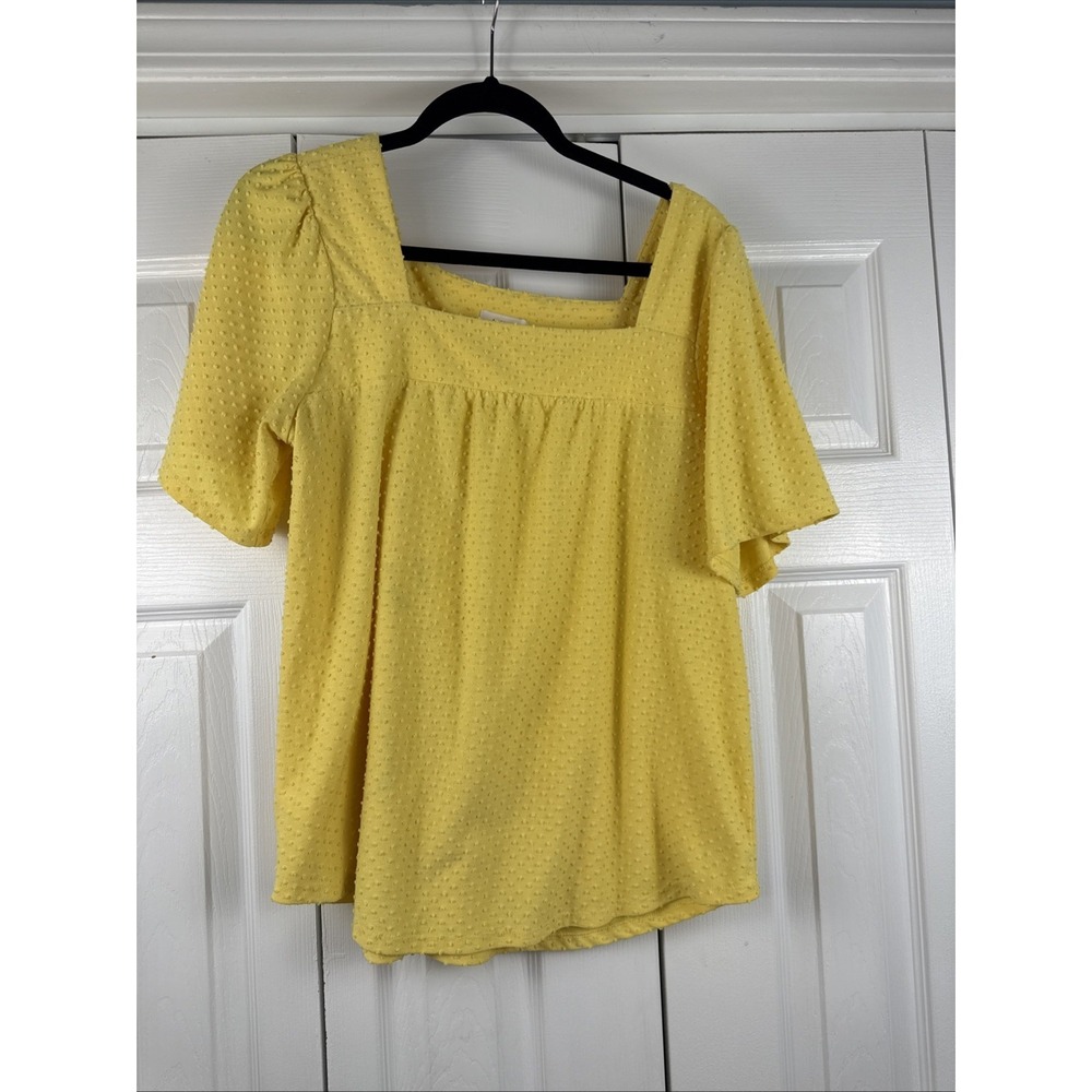 Ava James Womens Large Blouse Yellow Polka Dot Short Sleeve Square Neck